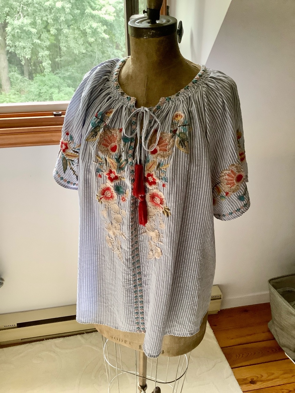 Blue Striped Embroidered Peasant Blouse with Red Tassels